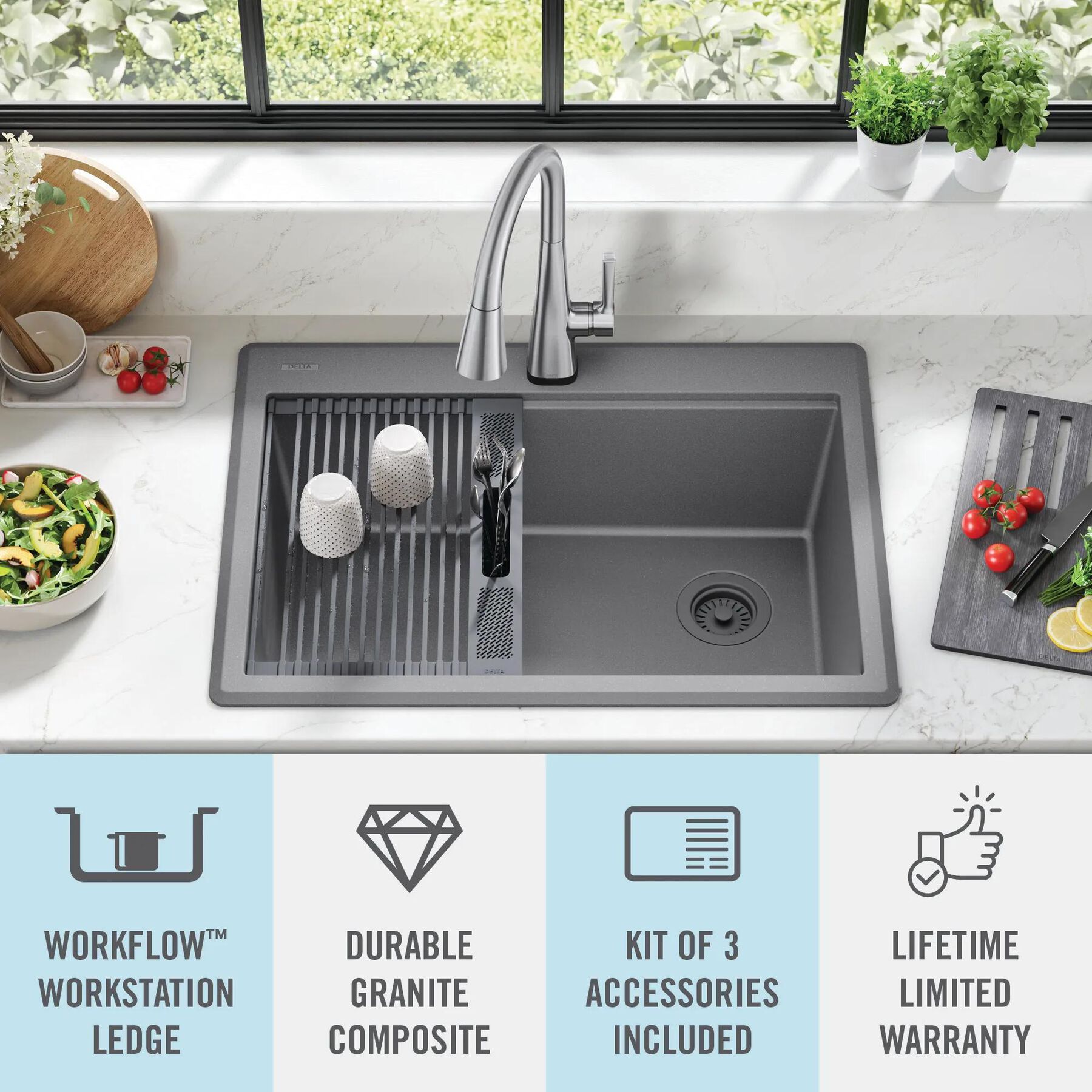 30&rdquo; Granite Composite Workstation Kitchen Sink Drop-In Top Mount Single Bowl with WorkFlow&trade; Ledge and Accessories in Dark Grey